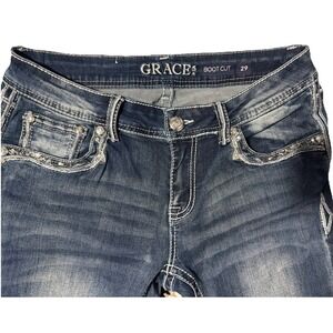 Grace in LA Women's Blue Boot Cut Western Style Denim Jean Size 29x34 Embellish